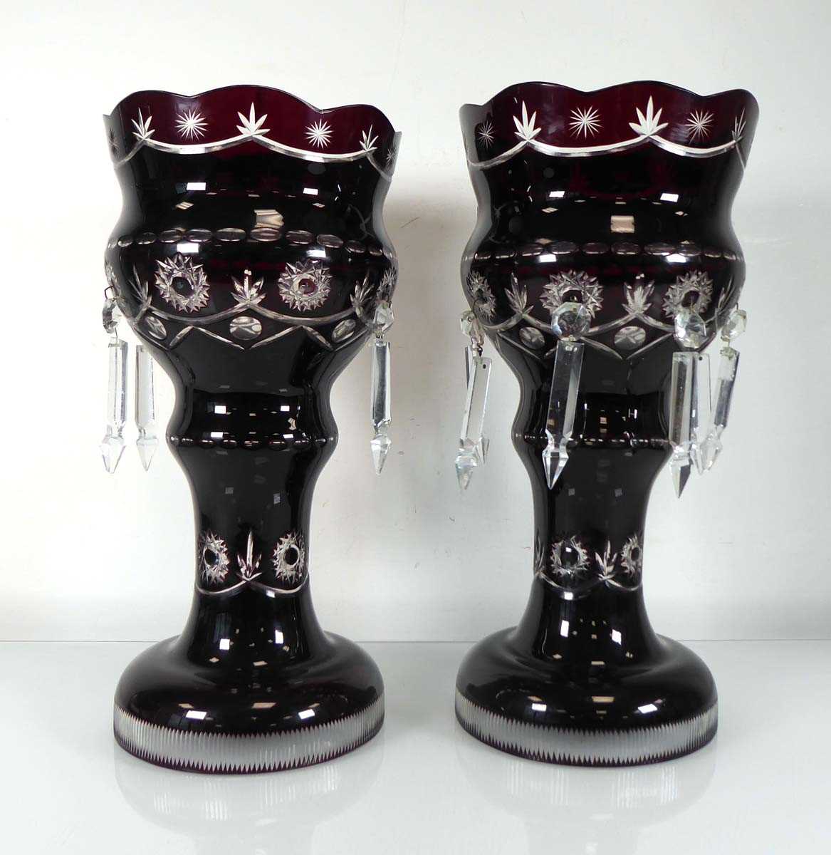 A pair of deep cranberry glass table lustres of typical form, h. 36 cm (2) - Image 3 of 3