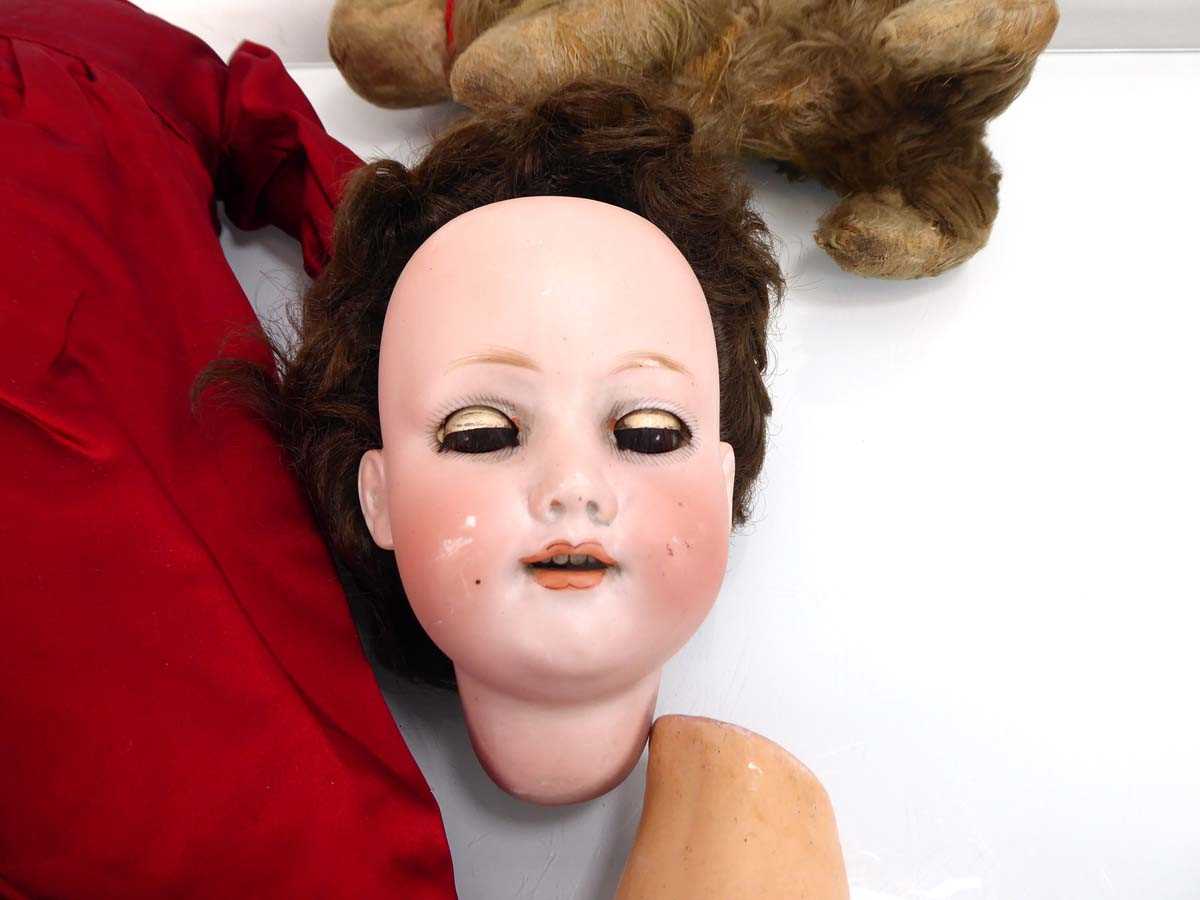 An Armand Marseille bisque headed doll with sleeping brown glass eyes and open mouth showing four - Image 4 of 4
