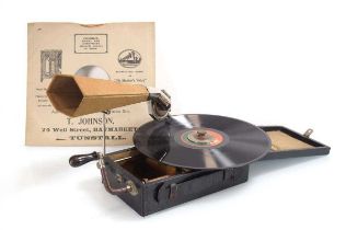 A French 'Le Mignonphone' wind-up portable gramophone with folding horn