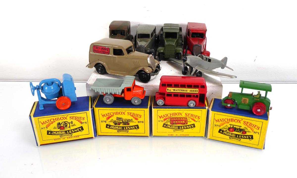 Three Minic delivery vehicles and cars, a Dinky military model, a Dinky saloon car, four Matchbox