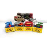 Three Minic delivery vehicles and cars, a Dinky military model, a Dinky saloon car, four Matchbox