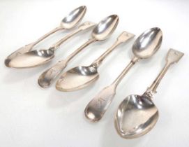 A set of six Victorian silver fiddle and thread pattern tablespoons, maker SH DC, London 1846, 23.
