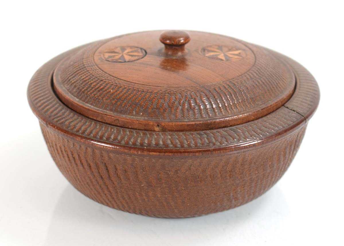 A late 19th century elm(?) and marquetry pot and cover, di. 13 cm