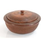 A late 19th century elm(?) and marquetry pot and cover, di. 13 cm