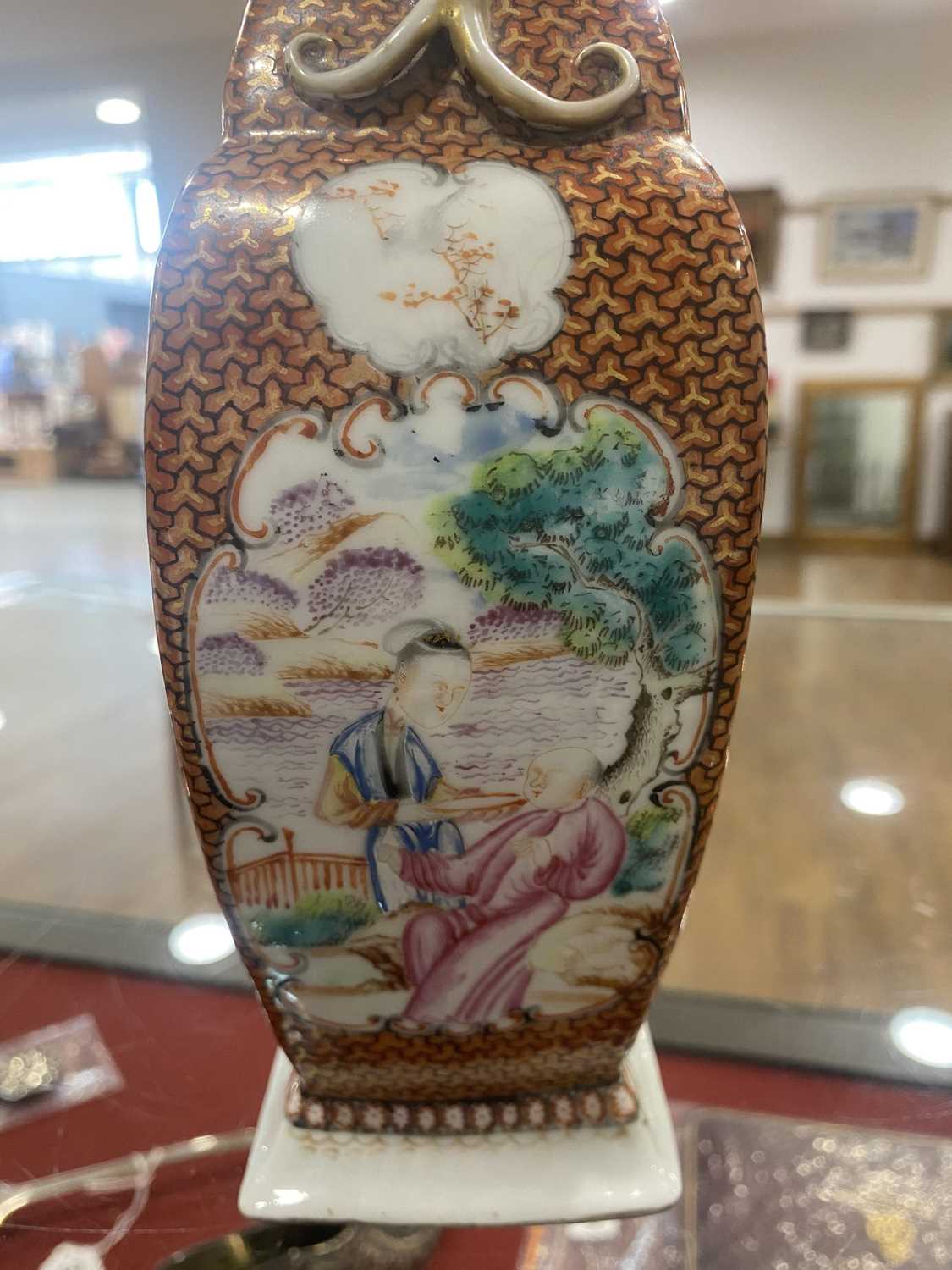 A Chinese Export slab vase decorated in coloured enamels with figures at leisure within a rust - Image 10 of 18