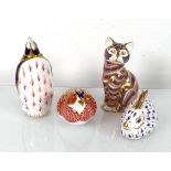 Four Royal Crown Derby paperweights modelled as a cat, a penguin, a pheasant and a rabbit, max h.