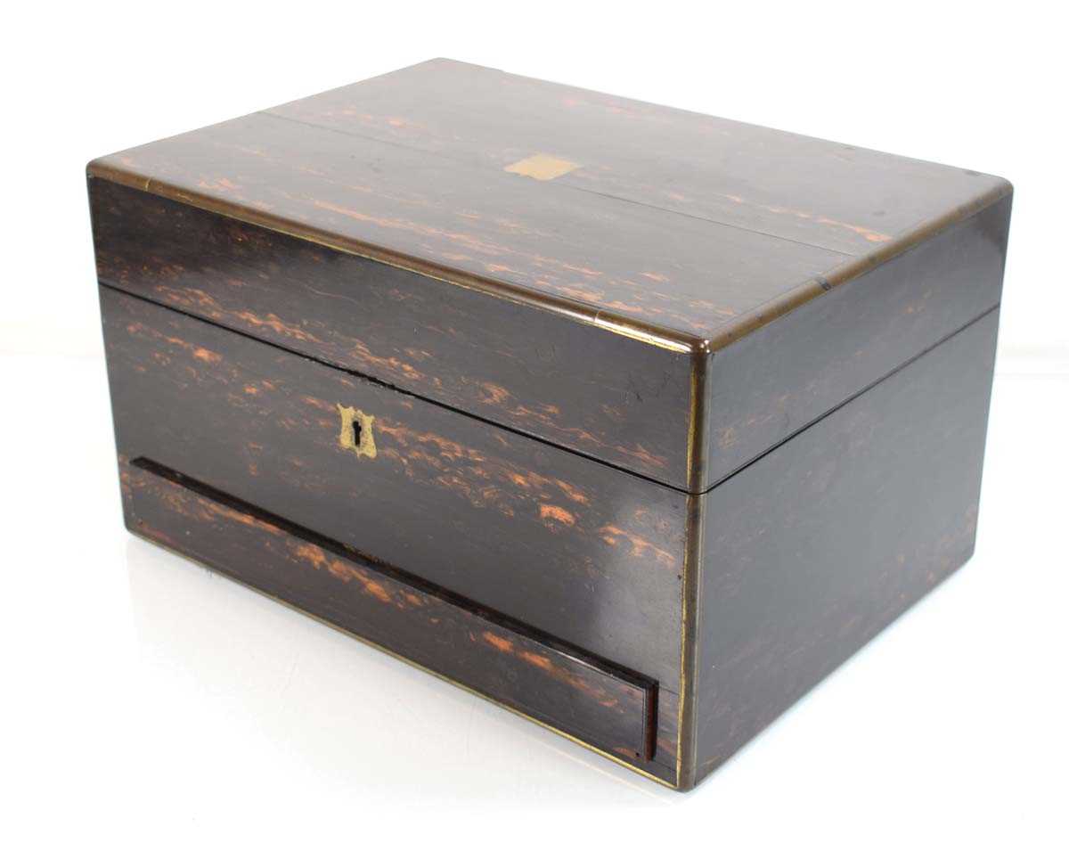 A 19th century coromandel and brass mounted desk box with a fitted interior, 33 x 23 x 18 cm - Bild 3 aus 3