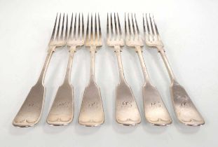 A set of six Victorian silver fiddle pattern table forks, maker JR, Sheffield 1890, 11.6 ozs (6)