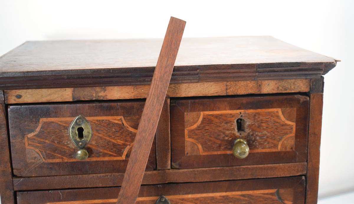 An apprentice chest of two short over three long graduated drawers, the mahogany body with satinwood - Image 3 of 10