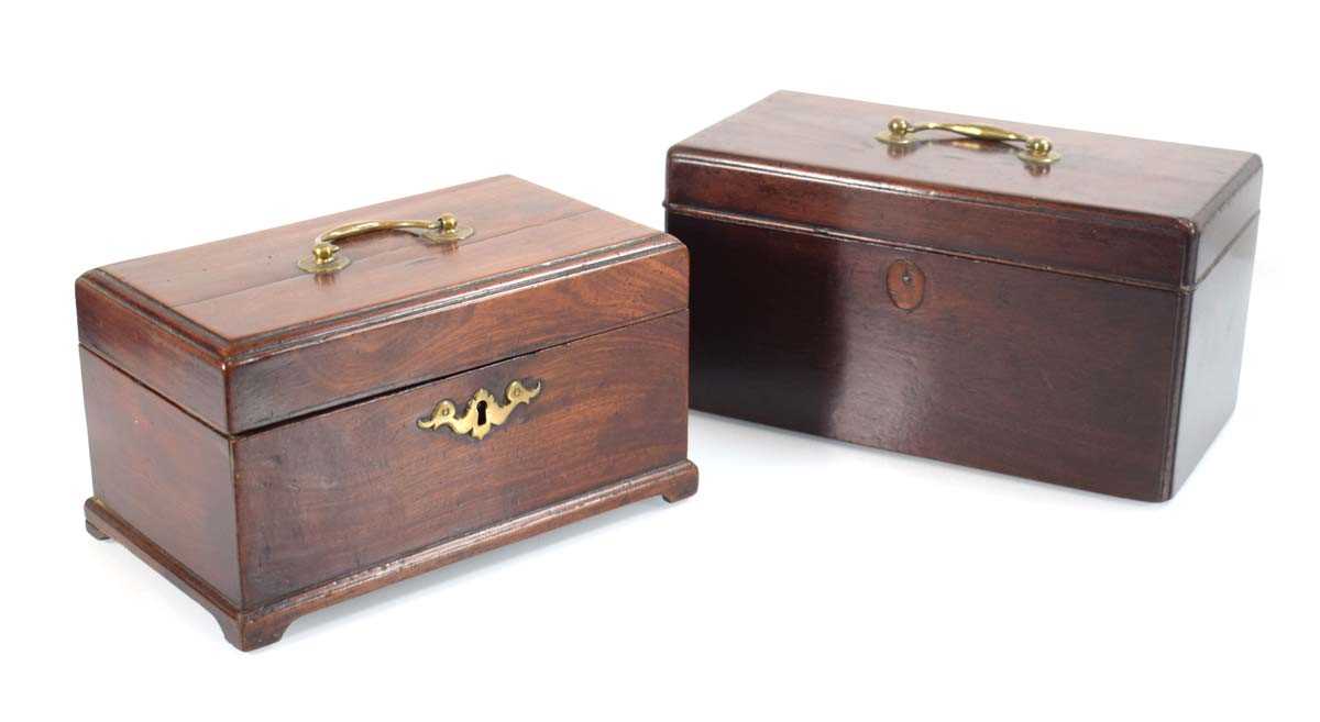 Two George III mahogany boxes with brass handles (2)