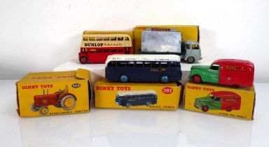 Four Dinky commercial models: 33C Miroitier Simca cargo, 283 BOAC coach, 290 double deck bus and 470