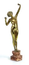 After Josef Lorenzl, a Viennese bronze figure modelled as a nude dancer, the marble base with a