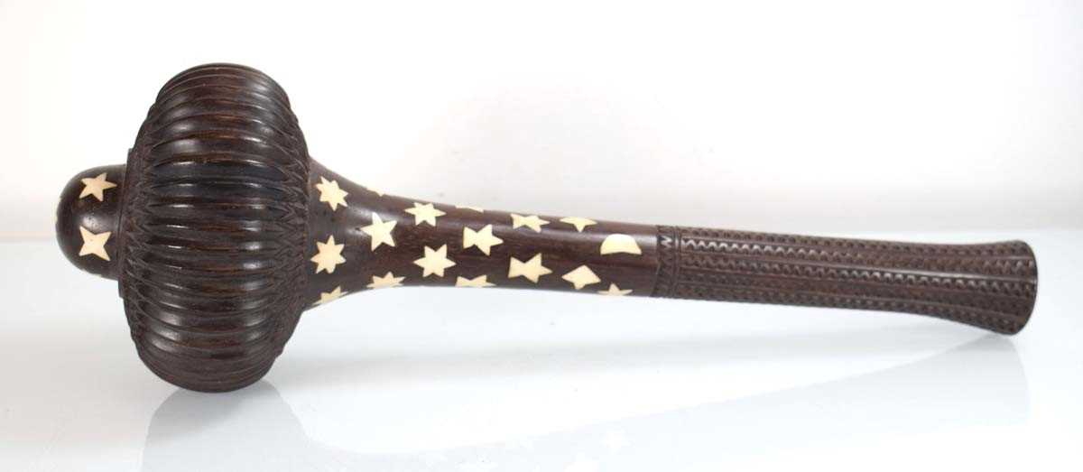 A Fijian i-ula tavatava throwing club, the body inlaid with bone stars and motifs, the handle richly - Image 2 of 13
