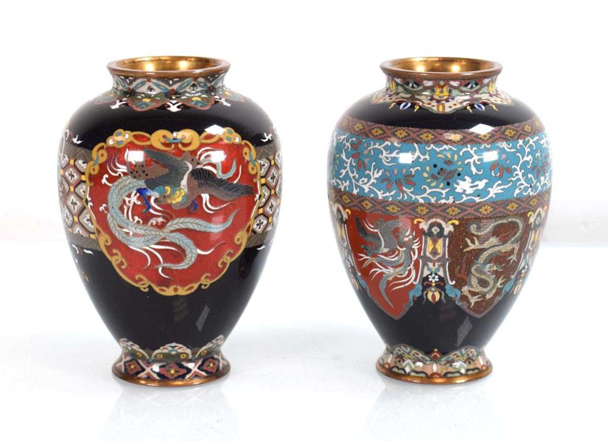 A near pair of cloisonné vases of slender form, each decorated with serpents, birds and floral - Image 2 of 3