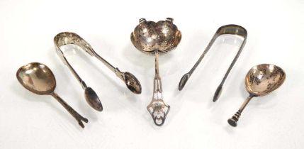 A group of Victorian and later silver comprising two pairs of sugar nips, two caddy spoons and a