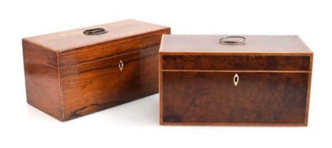 A 19th century yew and walnut banded tea caddy, the interior with two compartments and a central