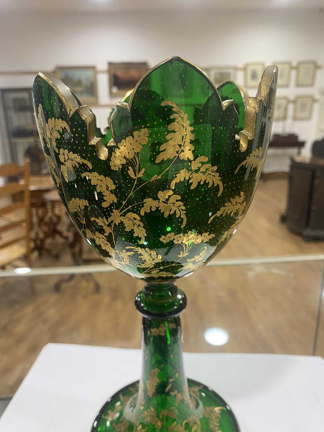 A Bohemian green glass vase of goblet form decorated with a pair of putti within a gilt fern - Image 7 of 26