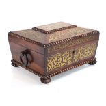 A Regency rosewood and brass inlaid jewellery box of sarcophagus form, the fitted interior with a