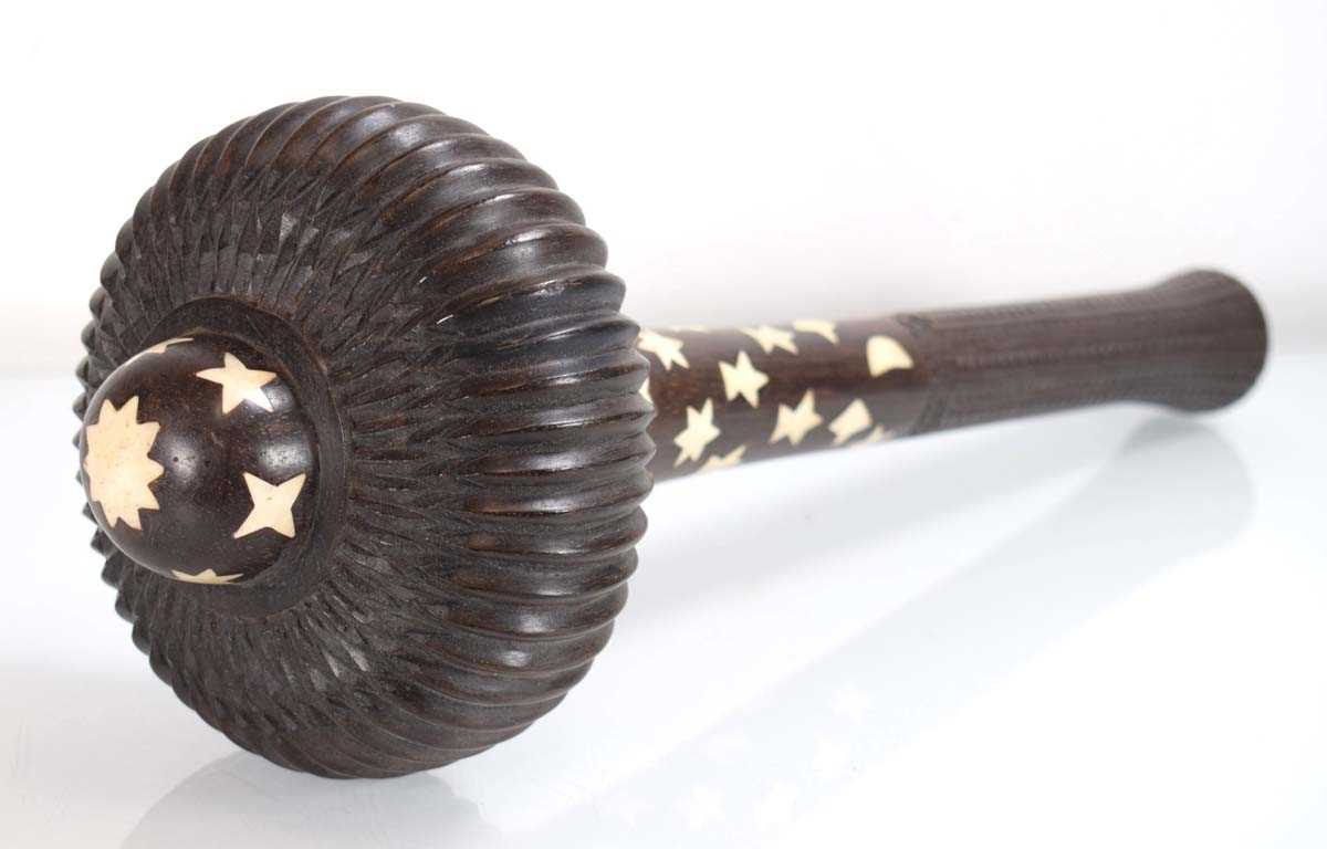 A Fijian i-ula tavatava throwing club, the body inlaid with bone stars and motifs, the handle richly - Image 3 of 13