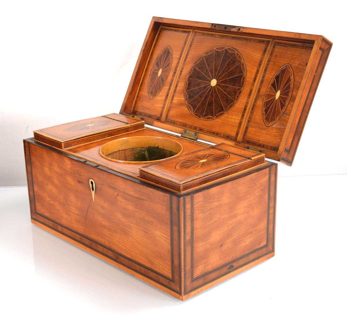 An early 19th century satinwood, walnut banded and marquetry tea caddy, the interior with two - Image 4 of 4