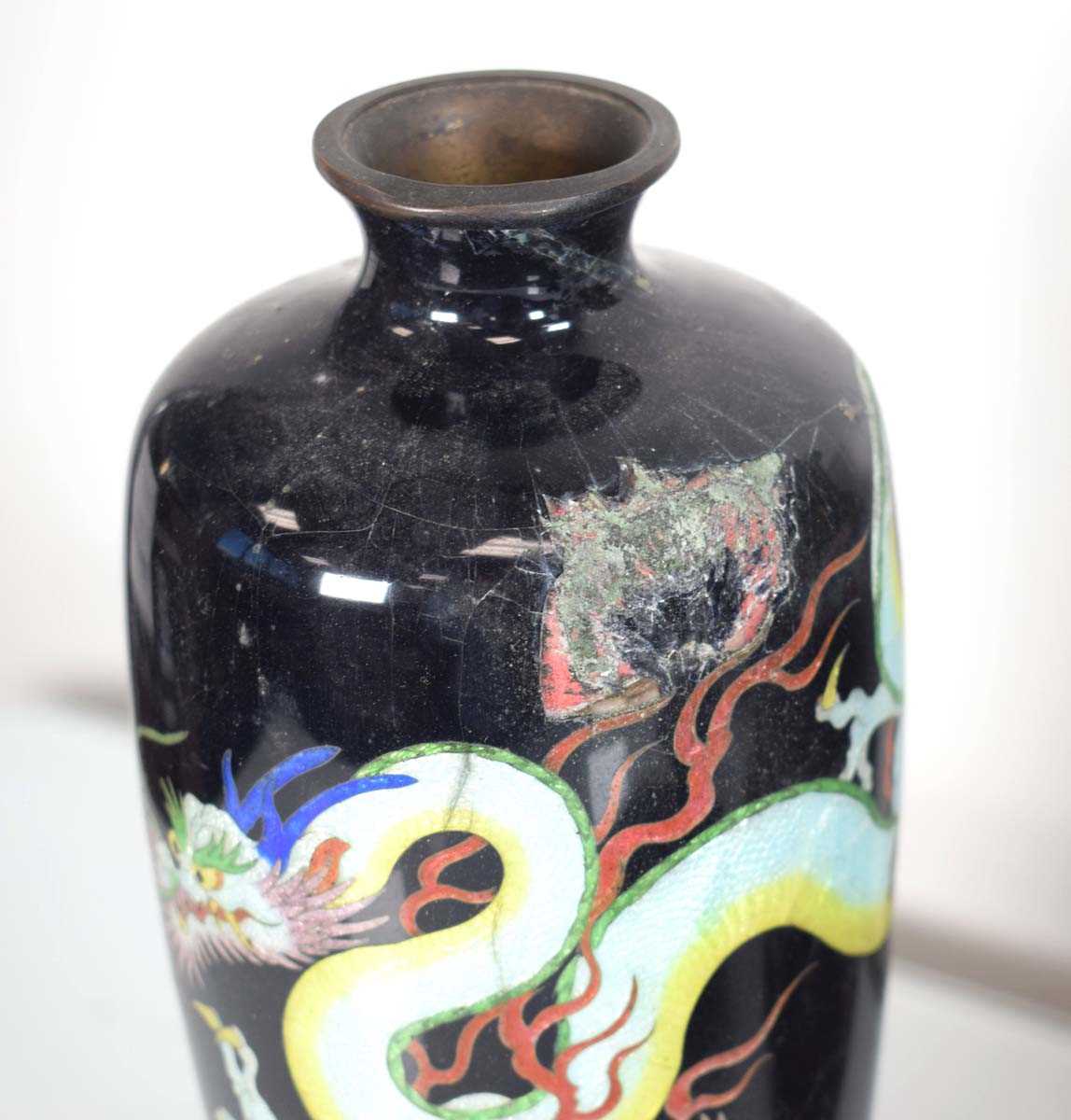 A group of cloisonné vases and bowls including a large baluster vase decorated with birds and - Image 3 of 6