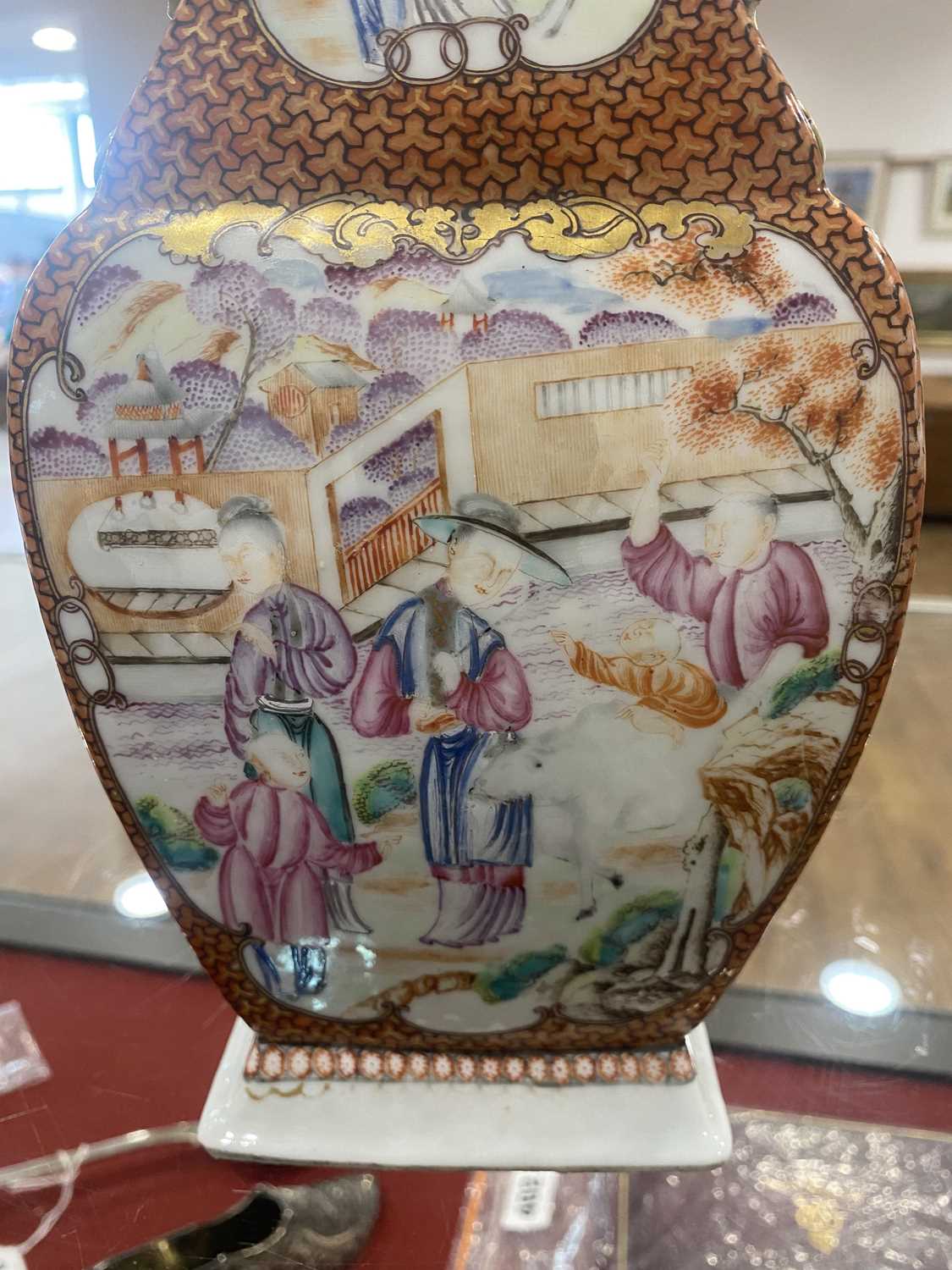 A Chinese Export slab vase decorated in coloured enamels with figures at leisure within a rust - Image 5 of 18