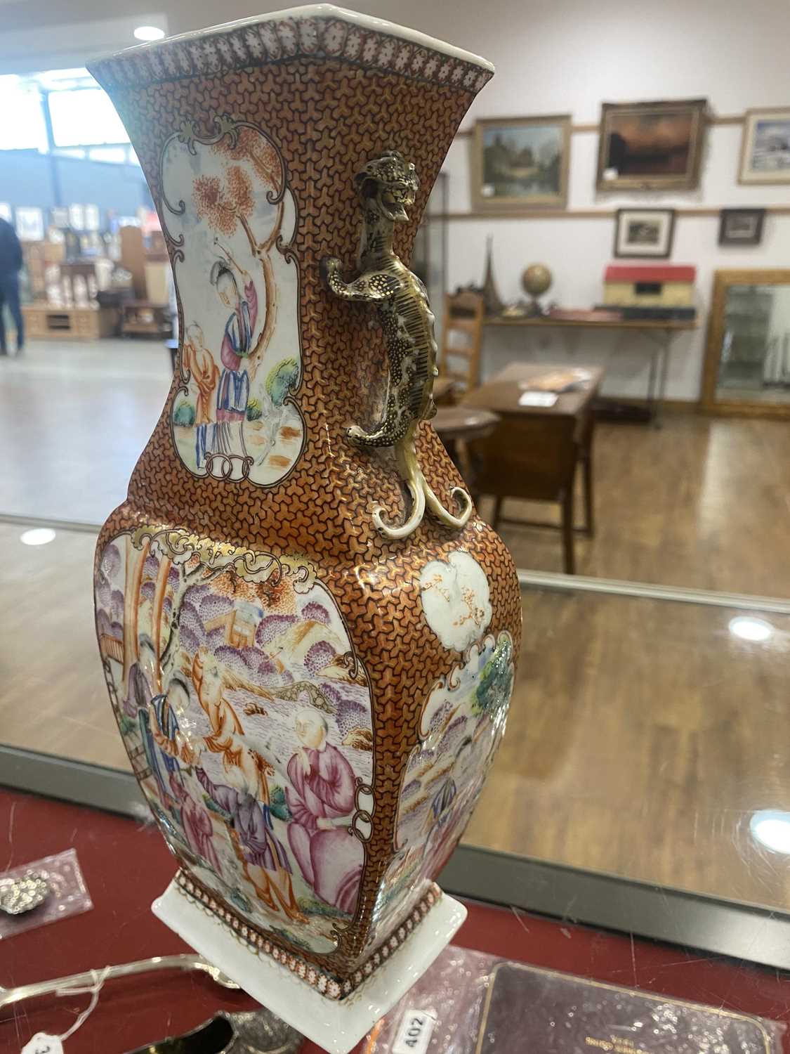 A Chinese Export slab vase decorated in coloured enamels with figures at leisure within a rust - Image 13 of 18