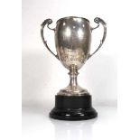 An early 20th century silver two handled trophy vase with leaf capped handles, maker JD WD,