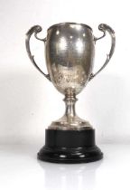 An early 20th century silver two handled trophy vase with leaf capped handles, maker JD WD,