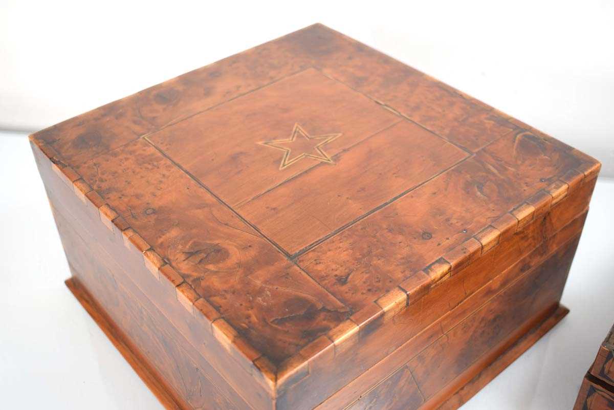 A late 19th century solid yew and banded box, 24 x 25 x 13 cm, together with a faux tortoiseshell - Image 2 of 3