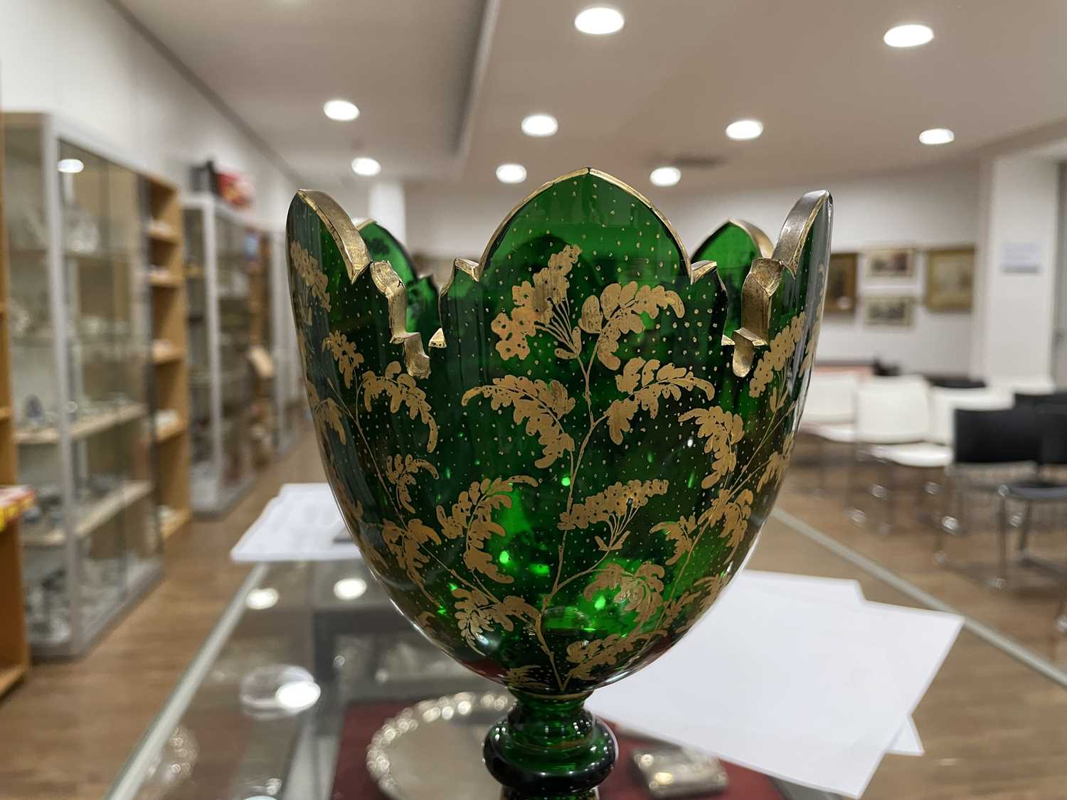 A Bohemian green glass vase of goblet form decorated with a pair of putti within a gilt fern - Image 12 of 26