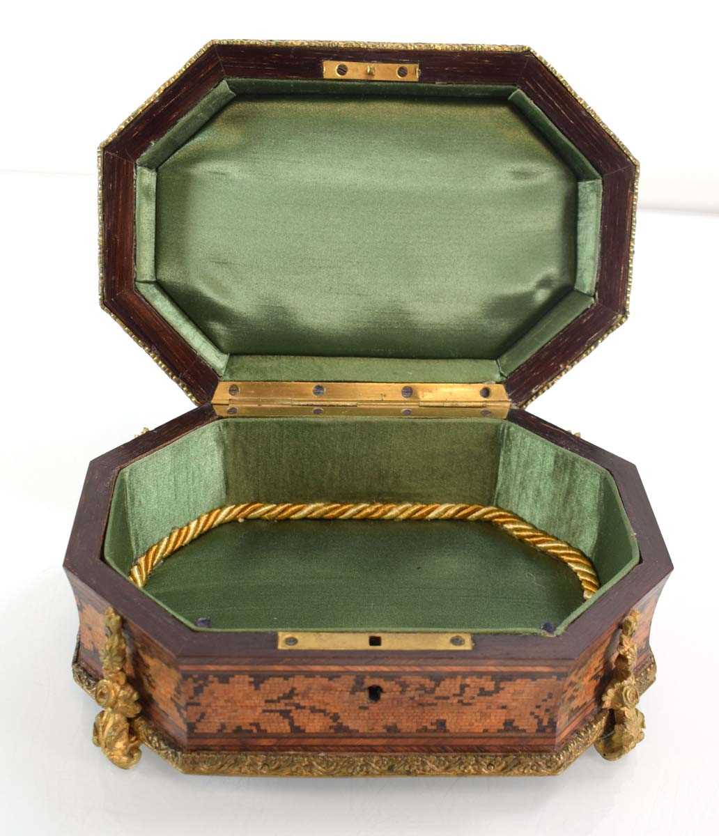 A 19th century Tunbridge ware and kingwood jewellery box of octagonal casket form, with brass - Image 5 of 5