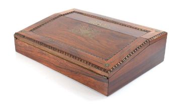 A Regency rosewood and brass mounted writing slope, 38 x 27 x 9 cm Locked, no key.