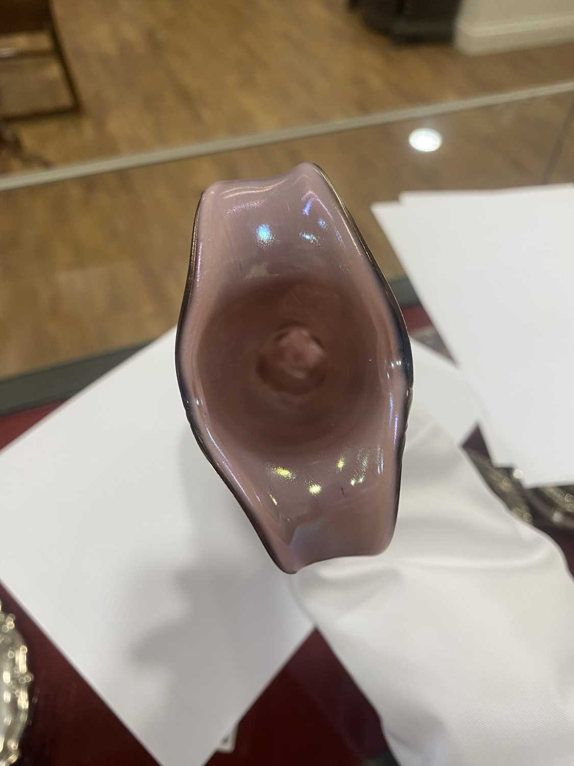 A Loetz style two handled pink and opaline iridescent glass vase of flared Art Nouveau design, in - Image 3 of 19