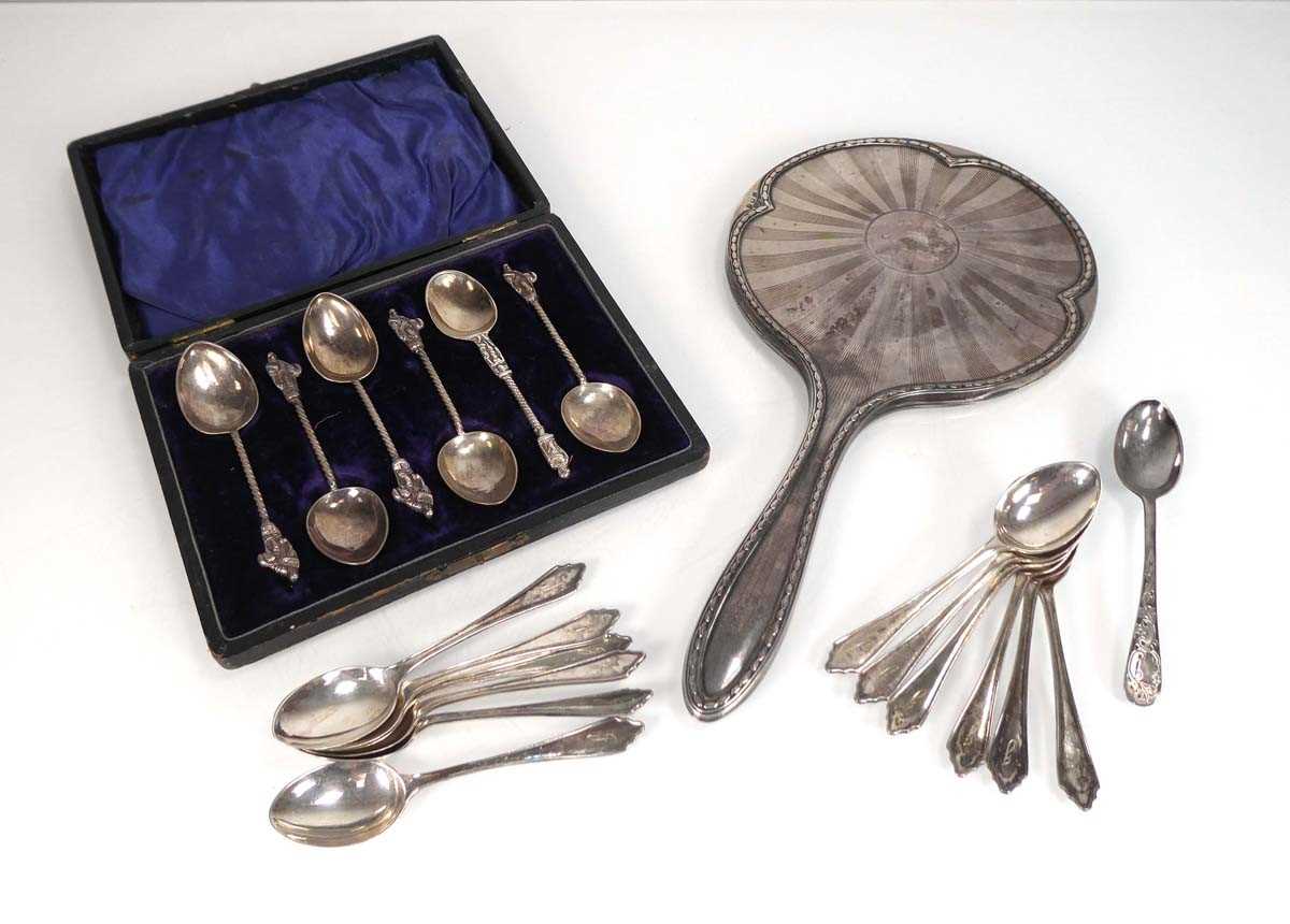 A set of six silver apostle spoons, cased, a set of twelve silver teaspoons, a single silver - Image 2 of 2