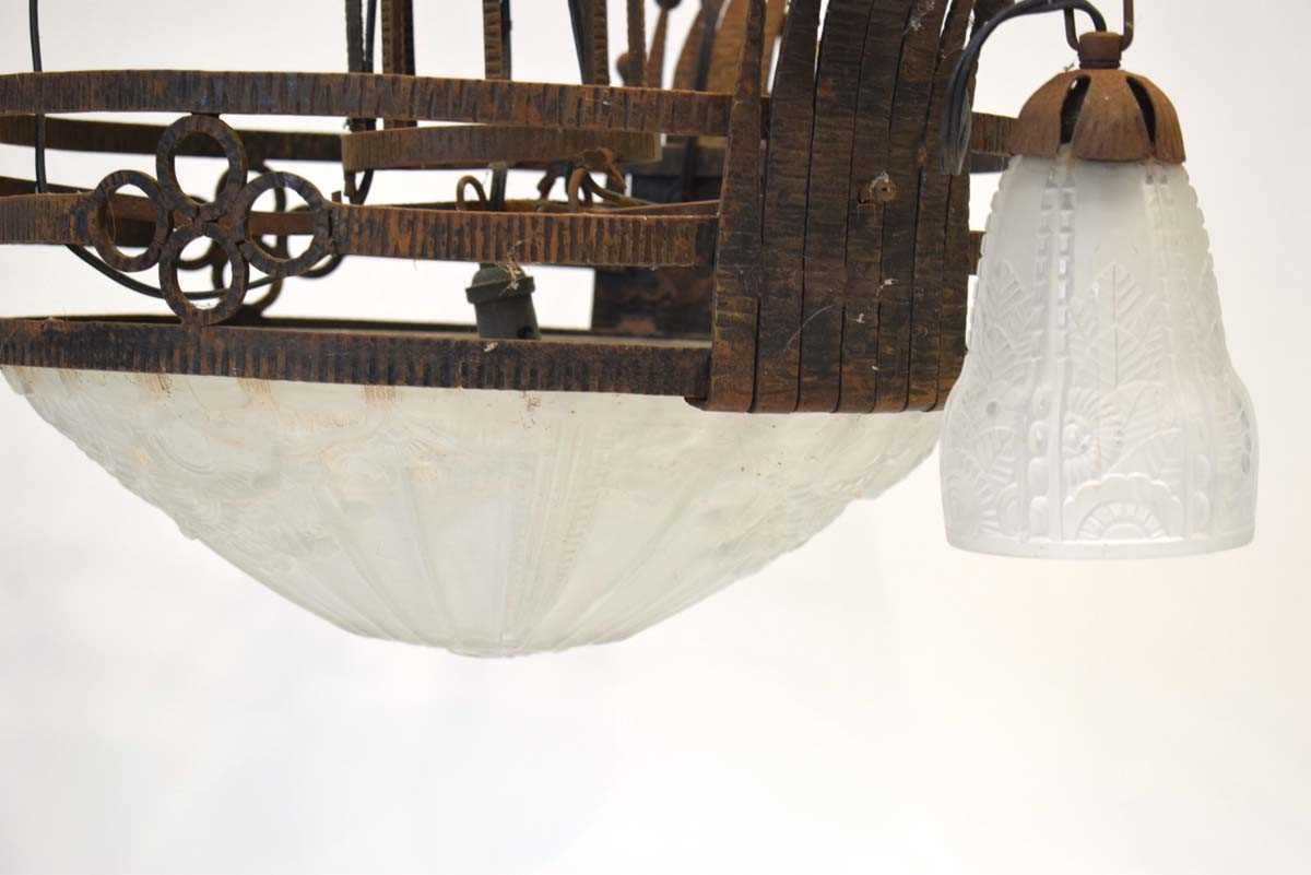 An Art Deco French ceiling light, the moulded glass shade resting within a cast metal frame and - Image 5 of 5