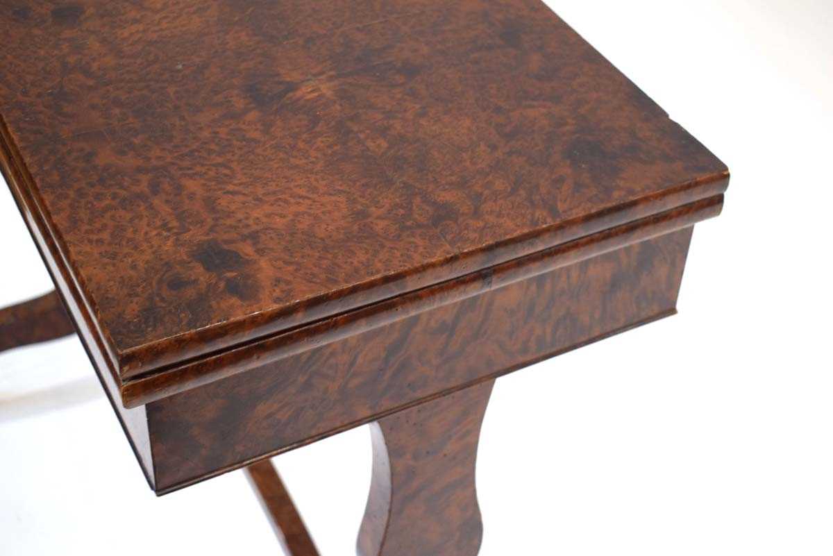 A 19th century burr walnut and 'scumbled' card table, the folding surface over a plain frieze on - Image 3 of 5