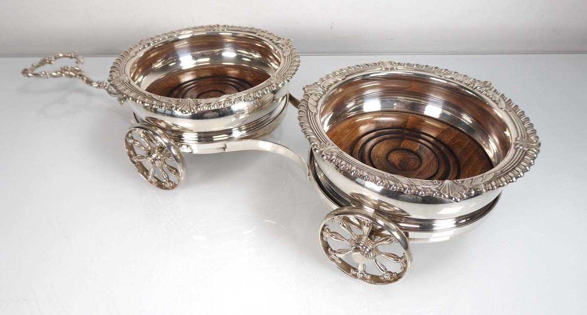 A late 20th century silver two bottle wine trolley, supporting a pair of silver mounted oak wine - Image 4 of 11