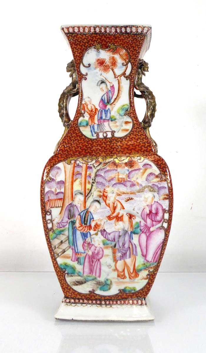 A Chinese Export slab vase decorated in coloured enamels with figures at leisure within a rust - Image 2 of 18