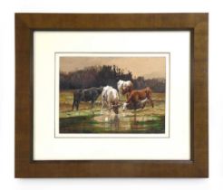 A.. V.. (?)Domay, Cattle at a watering hole, indistinctly signed, watercolour, 17 x 23 cm Framed and