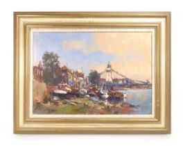 William Davies (b. 1928), 'Hammersmith Bridge', signed, oil on canvas, 34.5 x 39.5 cm Framed