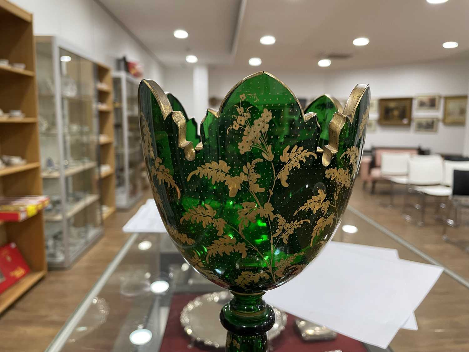 A Bohemian green glass vase of goblet form decorated with a pair of putti within a gilt fern - Image 16 of 26