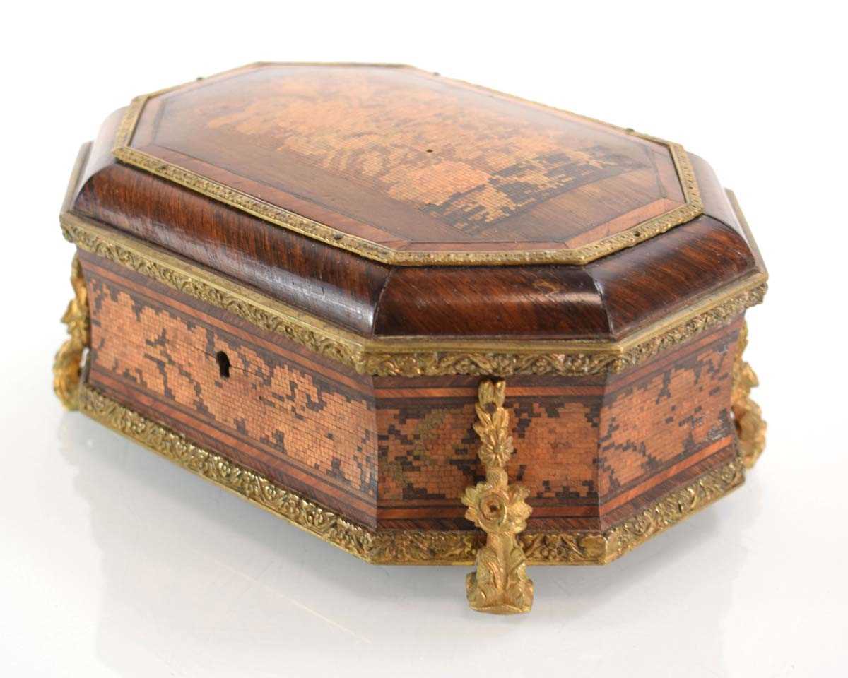 A 19th century Tunbridge ware and kingwood jewellery box of octagonal casket form, with brass