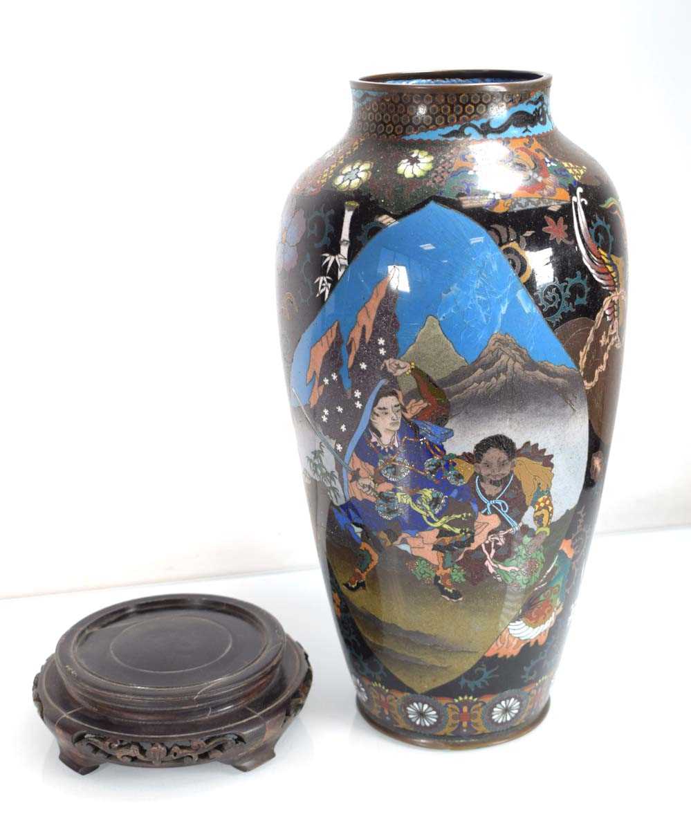 A late 19th century cloisonné two-panelled vase, h. 38 cm, on an associated stand - Image 3 of 4