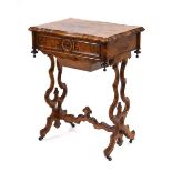 A Victorian figured walnut sewing table, the lid enclosing a maple lined interior with detachable