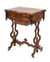 A Victorian figured walnut sewing table, the lid enclosing a maple lined interior with detachable
