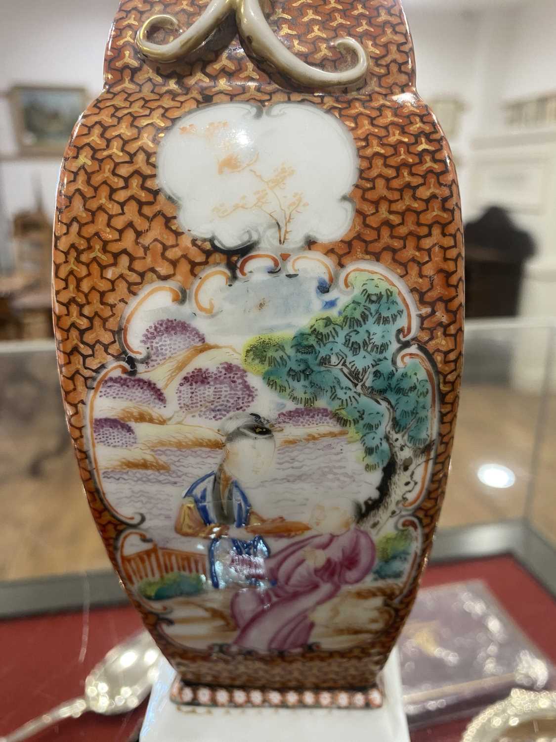 A Chinese Export slab vase decorated in coloured enamels with figures at leisure within a rust - Image 17 of 18