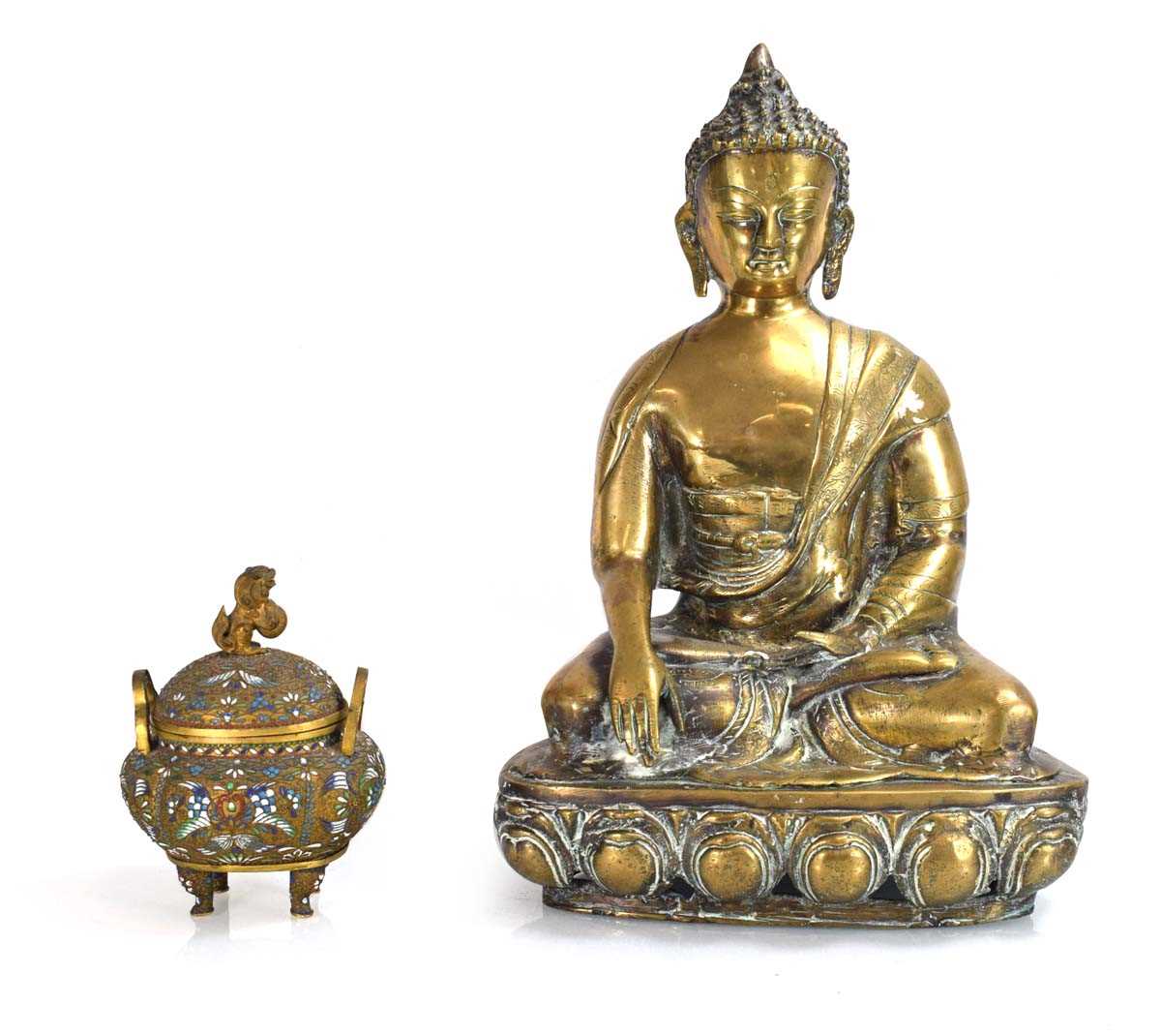 A brass figure modelled as Shakyamuni Buddha, h. 38 cm, together with a brass and enamelled