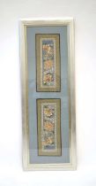 A pair of 20th century Chinese embroidered cuffs, framed together 140 x 50 cm