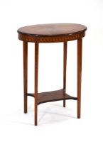 A Sheraton-style satinwood and painted occasional table of oval form, on square tapering legs, 56